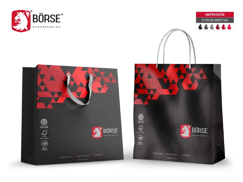 Dos bolsas de papel con logotipo y decoradas con diseño impresas utilizando varias tintas directas