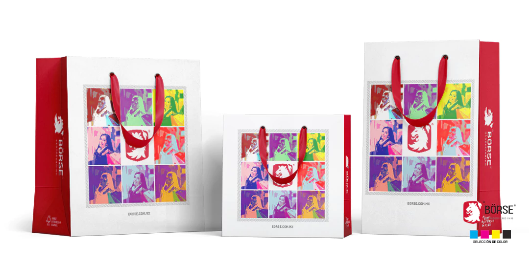 Bolsas de papel impresas en selección de color con asas de listón