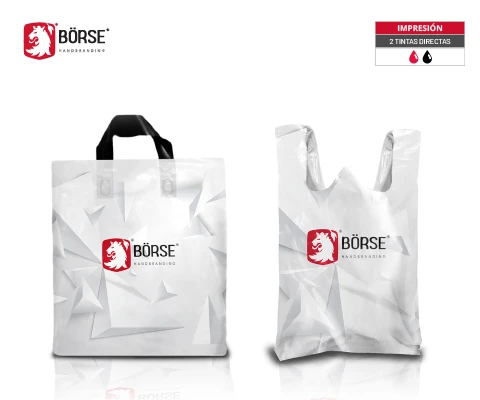 Miniatura de: Dos bolsas blancas de plástico biodegradables con el logotipo de BÖRSE impreso al centro