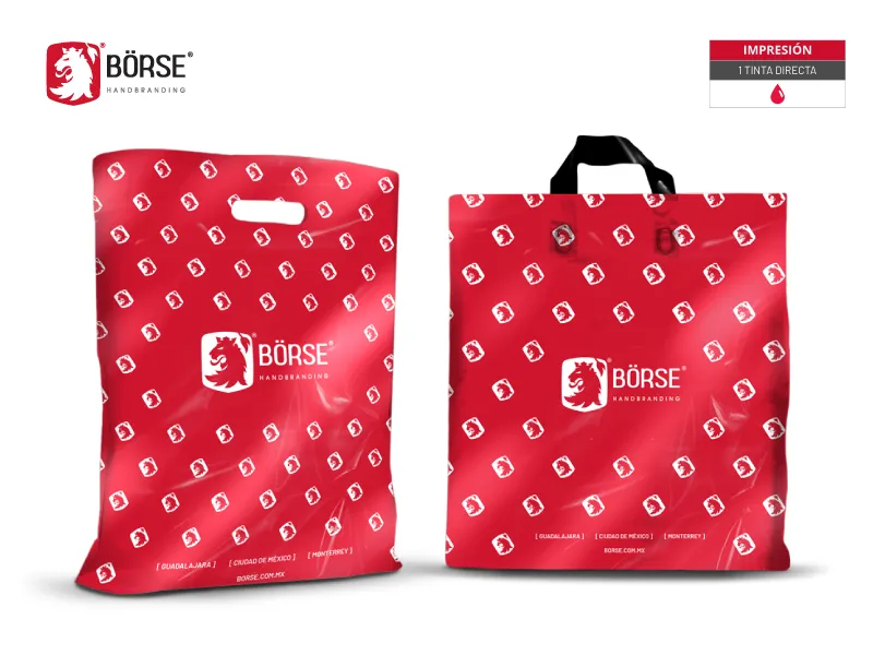 Dos tipos de bolsas de plástico bioodegradable con impresión de logotipo y diseño en color rojo con blanco