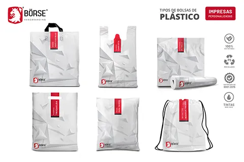 La imagen muestra los diferentes tipos de bolsas de plástico impresas que en BÖRSE podemos fabricar