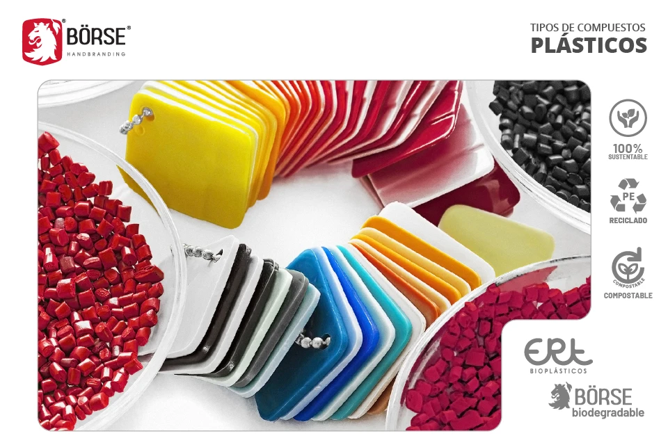 Varios tipos de compuestos plásticos para fabricar bolsas: Polietileno convencional, plastico reciclado, plástico biodegradable y plástico compostable