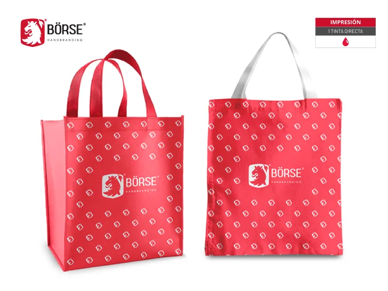 Dos bolsas reutilizables de tela con impresión de logotipo y diseño a una tinta directa en color rojo