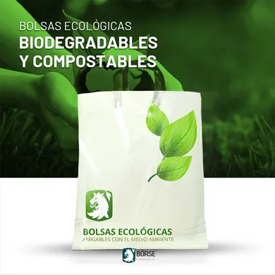 Una bolsa ecológica de plástico biodegradable con un diseño impreso en varias tonalidades de verde