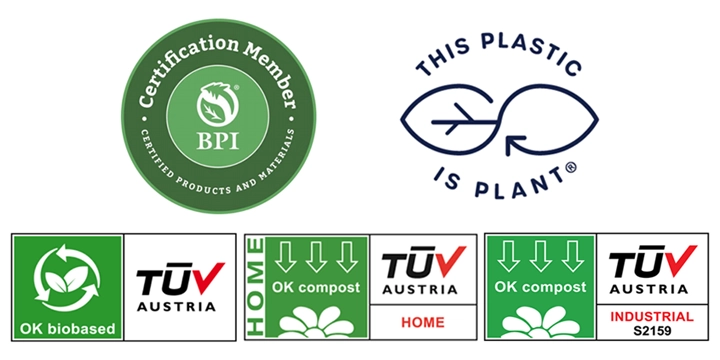 Logotipos de las certificaciones con las que cuenta el compuesto plástico ERT