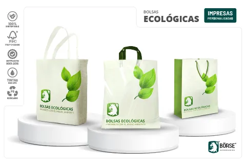 Tres tipos de bolsas ecológicas impresas y personalizadas con logotipo y diseño de un concepto ecológico